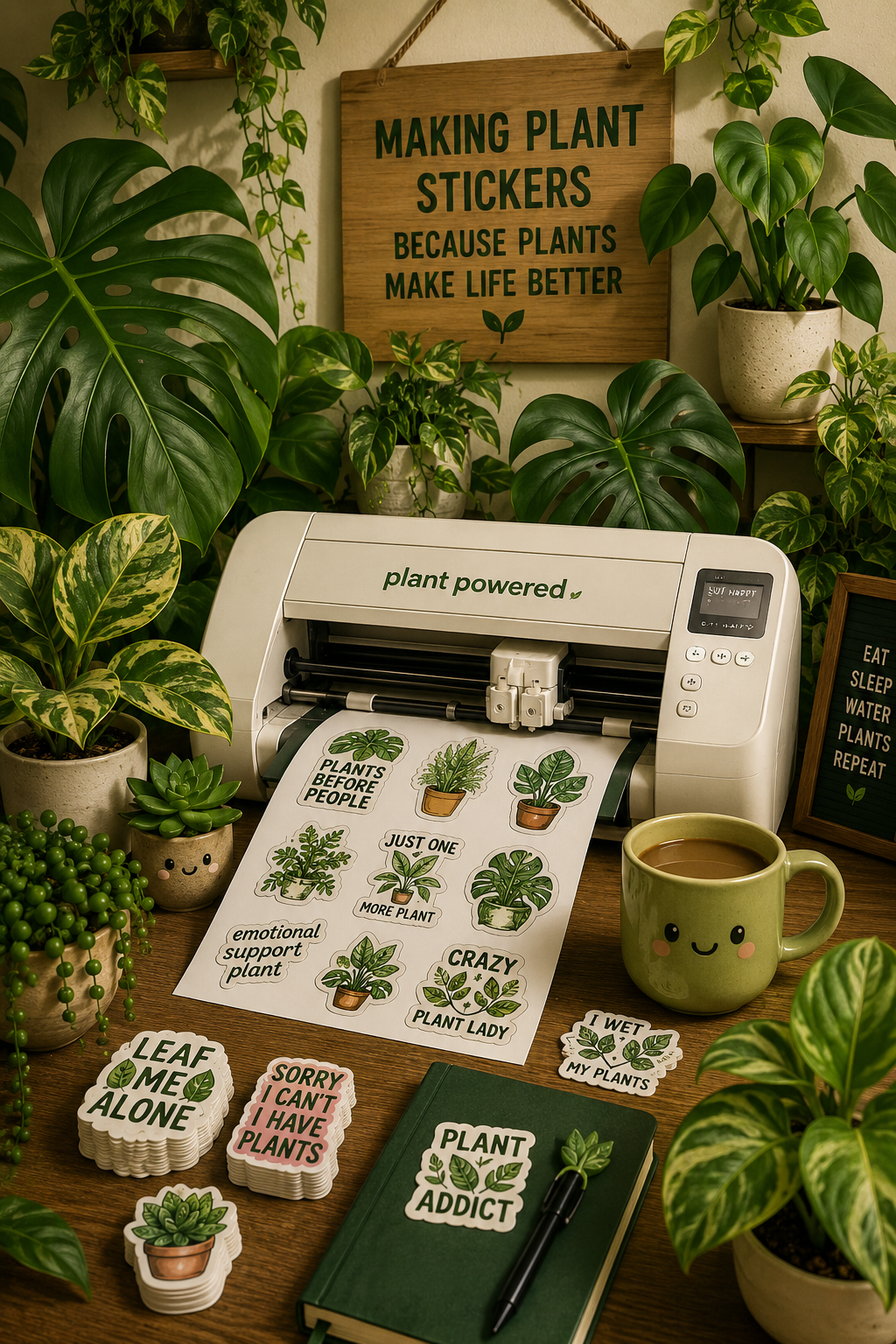 A plant-themed crafting setup featuring a printer printing plant stickers with various plant illustrations, surrounded by potted plants and educational signs related to plants.