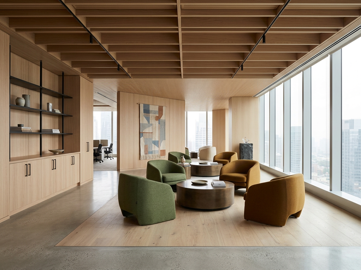 Modern office lounge with colorful armchairs, round coffee tables, large windows with city views, wooden accents, and minimalist decor.