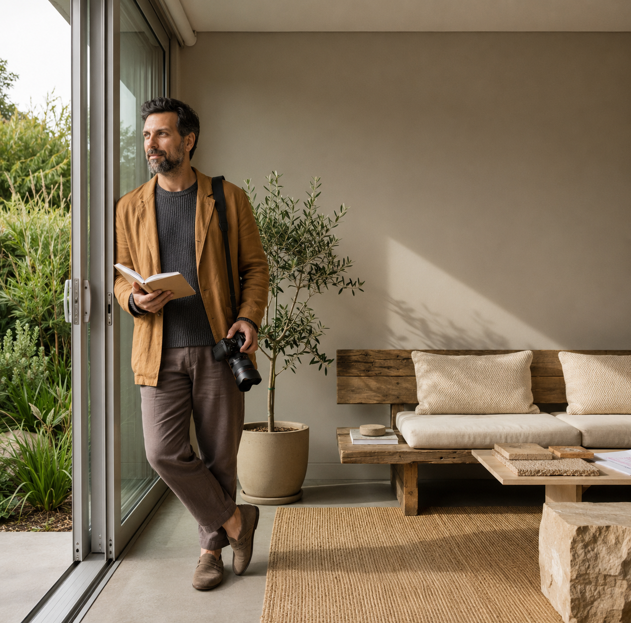 A man with a camera and notebook stands by a sliding glass door, looking outside, in a modern living room with a potted plant, wooden bench, pillows, and a coffee table.