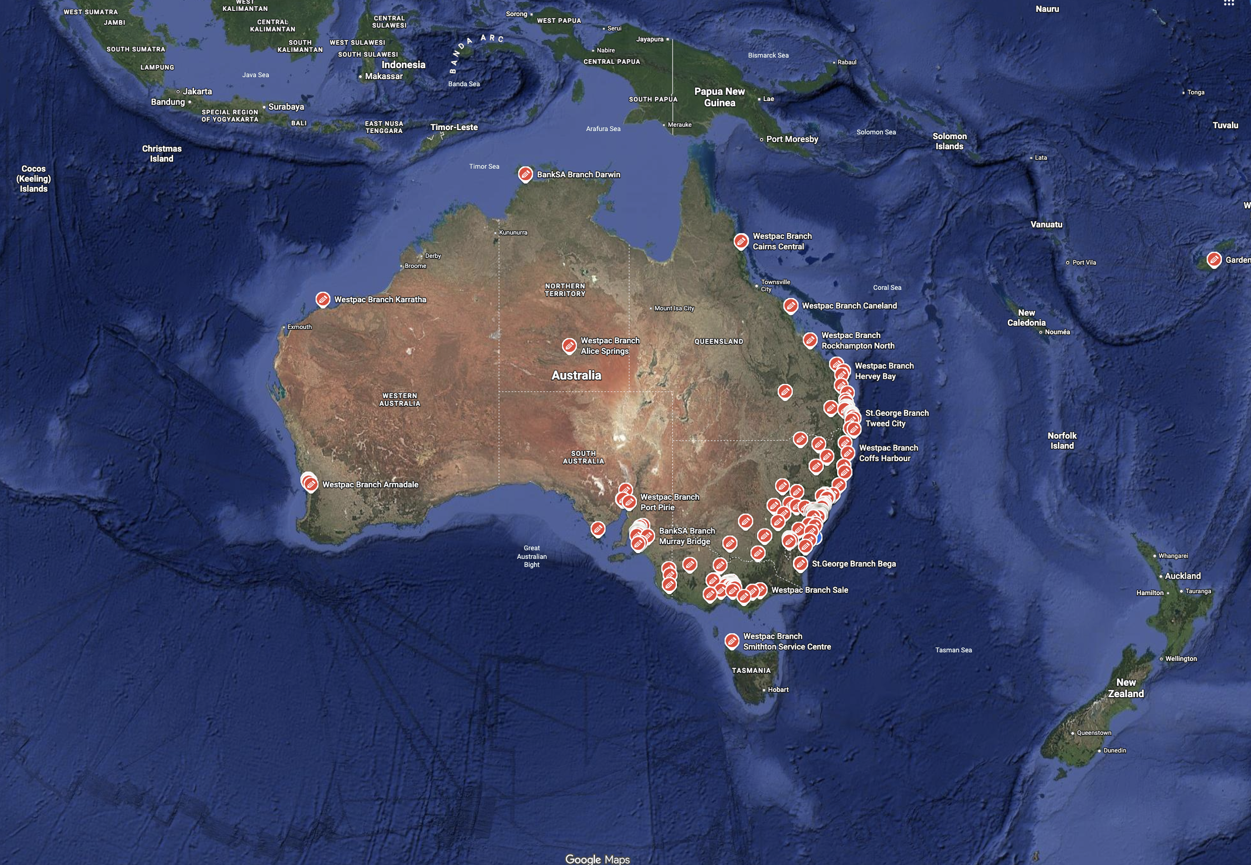 Map of Australia and surrounding islands with red markers indicating various branch locations of Bank SA, including Darwin, Cairns, Rockhampton, Hervey Bay, and other cities.