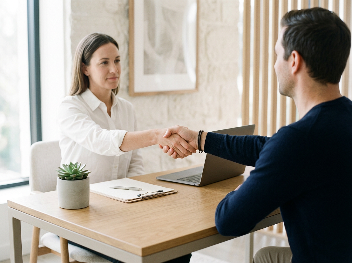 A woman and a man shake hands across a desk in a modern office or meeting room.