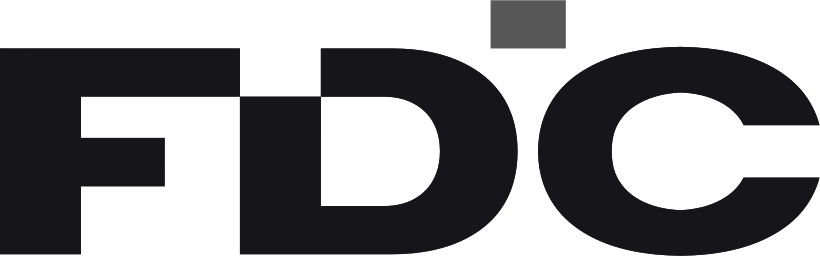 Close-up of the FDC logo in black text on a transparent background.