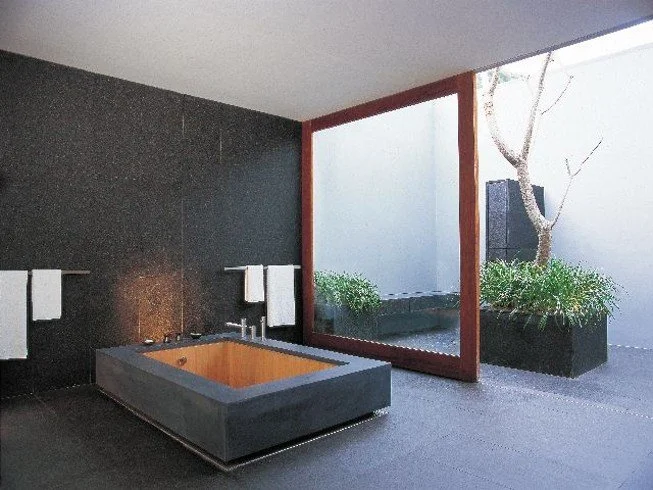 Modern bathroom with a rectangular bathtub, a large window with a view of outdoor plants and a tree, and minimal decor.