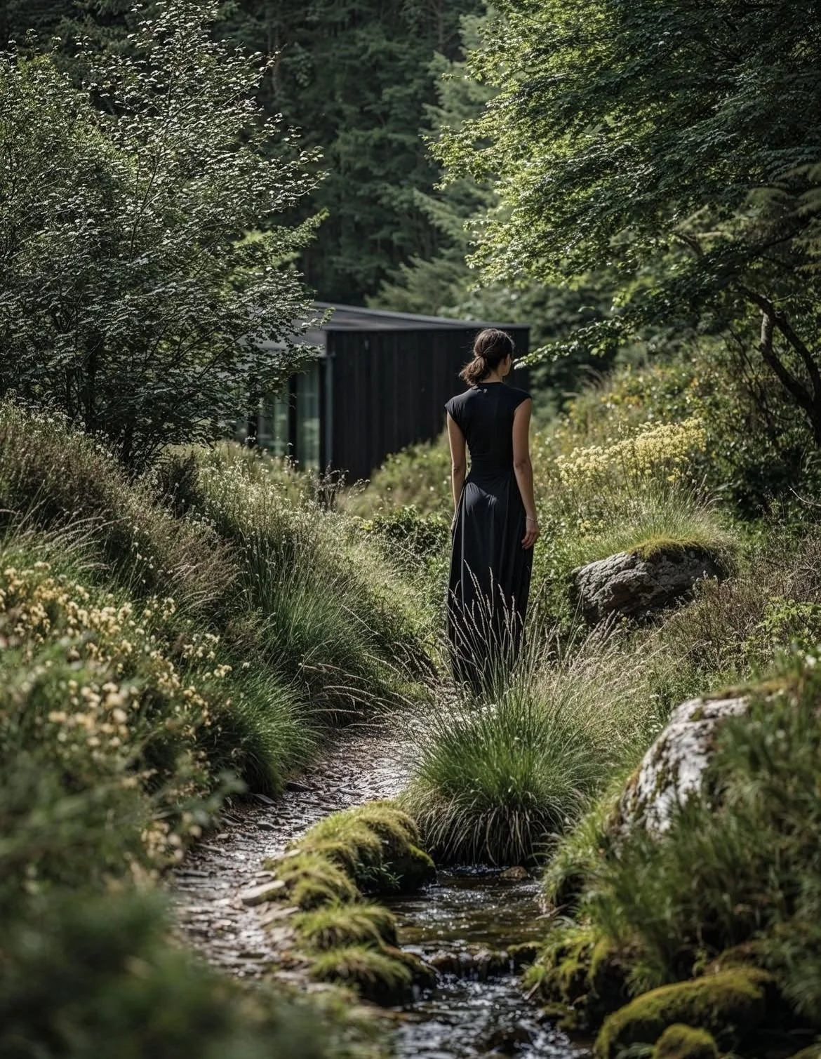 A woman in a black dress walking along a small stream in a lush, green garden surrounded by various plants and trees.