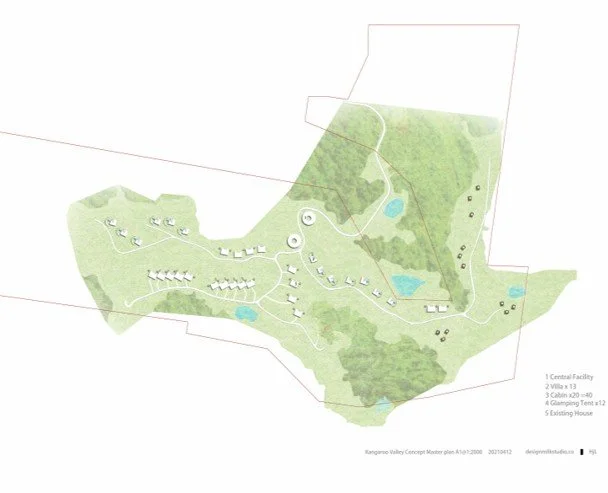 Map of Kangaroo Valley with marked sites, including central facility, villas, cabins, glamping tents, and existing house, along with lakes and wooded areas.