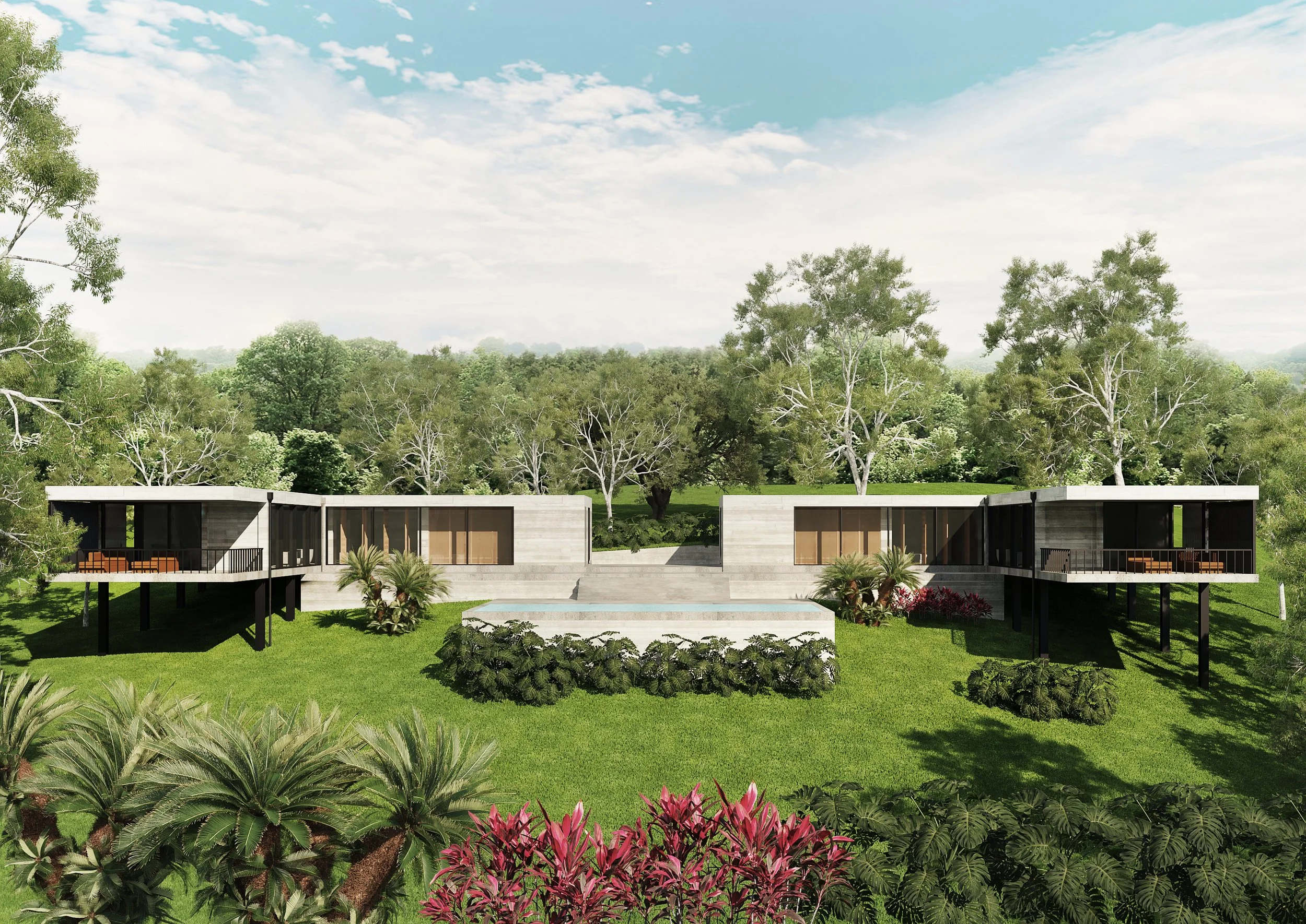 Modern house with large glass windows, surrounded by lush green trees and plants, with a concrete patio and a swimming pool in front.