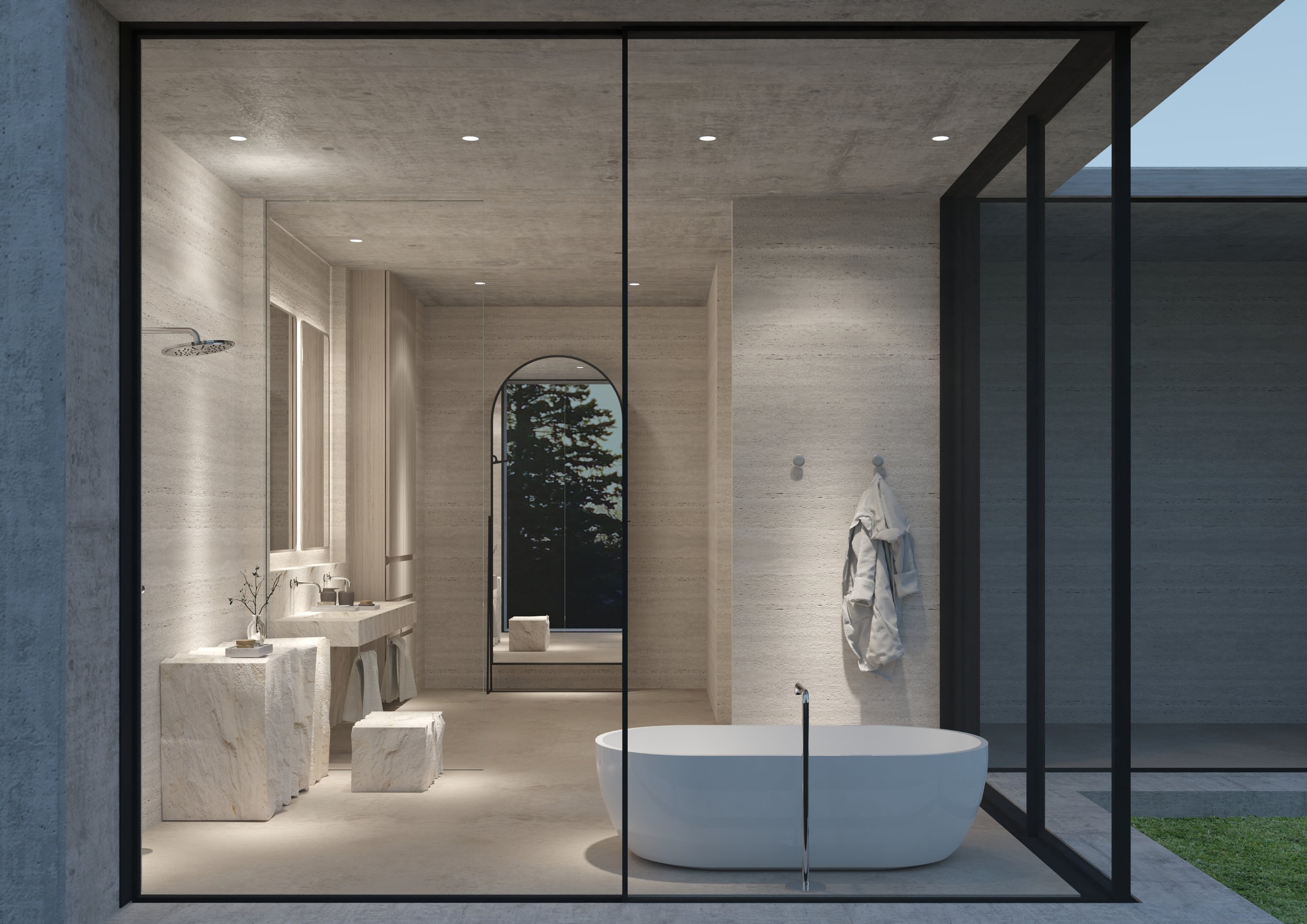 Modern bathroom with a freestanding bathtub, framed in black metal, viewed through a glass wall, with a vanity area with stools, a window, and a shower area with a ceiling-mounted rainfall showerhead.