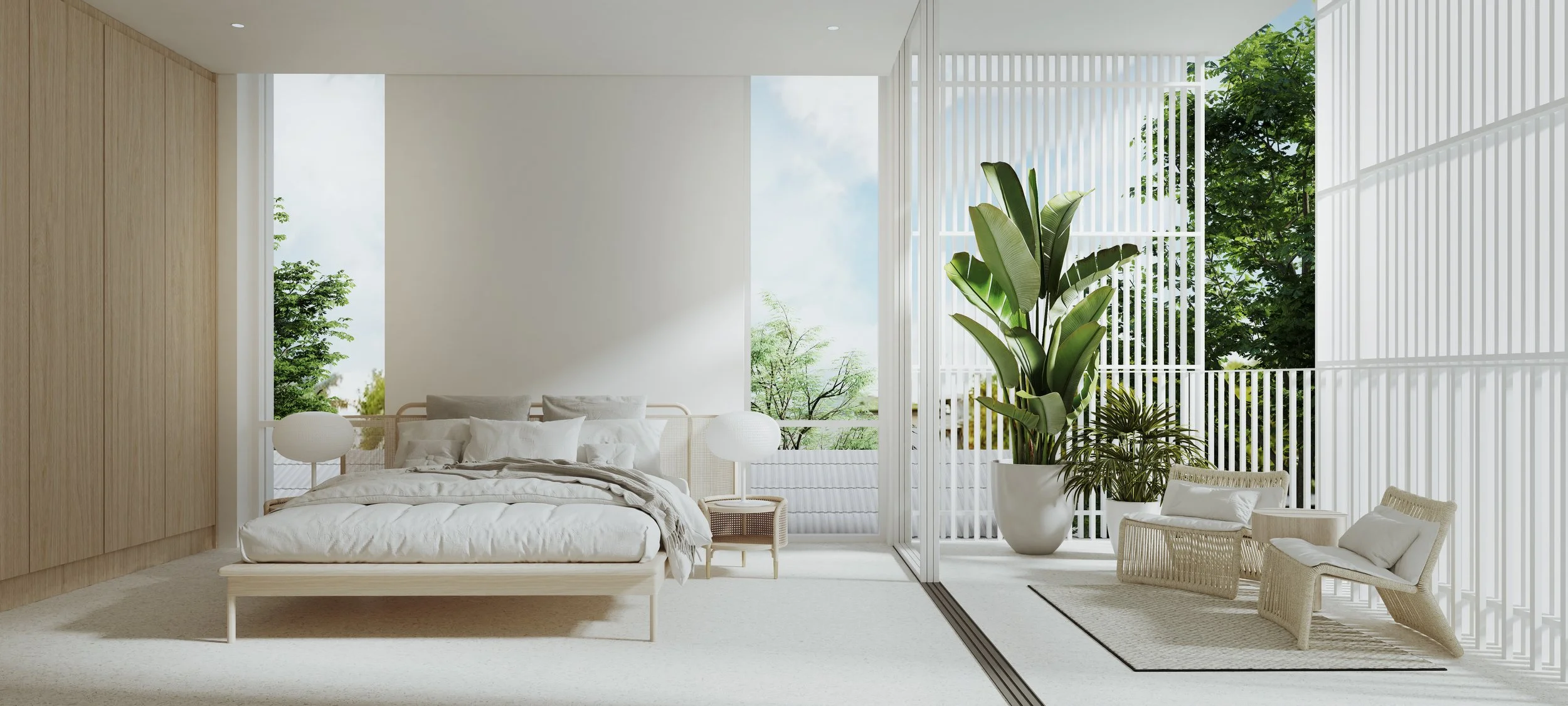 A modern, minimalist bedroom with white walls, light wood accents, and large floor-to-ceiling windows. The bed has white bedding and pillows, with two small round white lamps on bedside tables. There is lush greenery outside and large potted plants inside, including a tall banana plant. The room features an open and airy design with natural light.