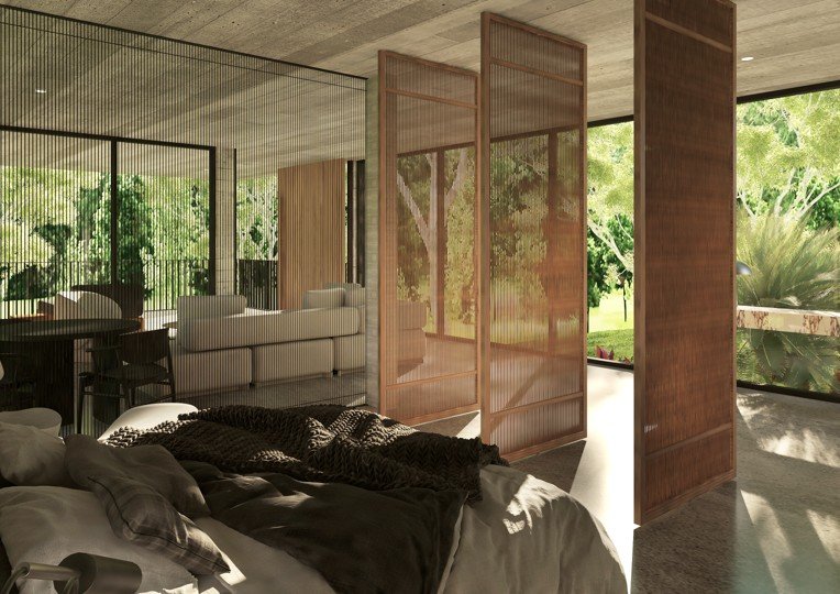 Modern living room with large glass windows, wooden room divider, and outdoor greenery view.