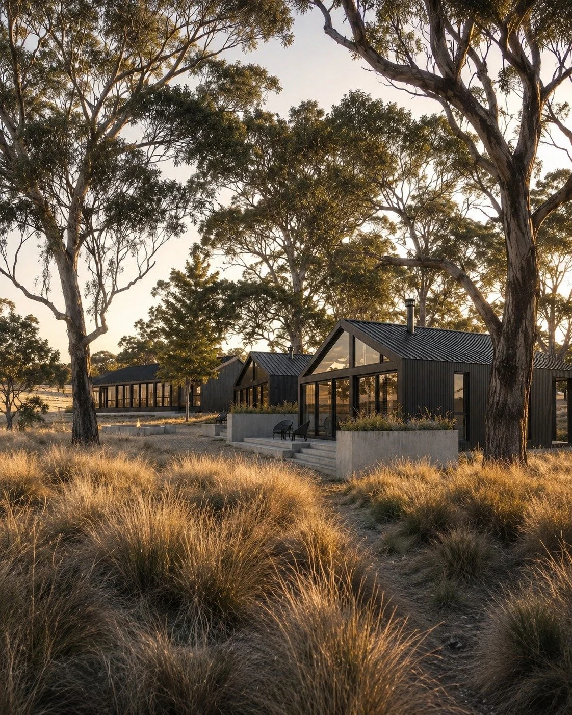 Barn Style Rural Retreats , designed for lifestyle . Gabled Modern black VILLAS  with large glass windows surrounded by trees and grass during sunset or sunrise. Australian Bush Settings