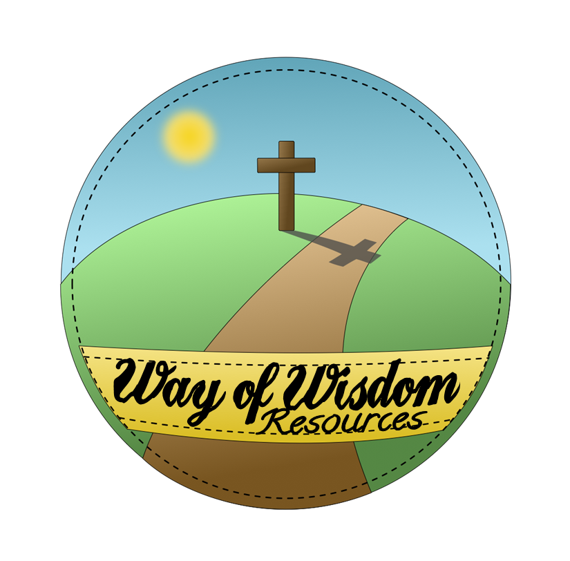 A circular logo featuring a grassy hill with a dirt path, a wooden cross casting a shadow, a blue sky with a sun, and a banner with the text 'Way of Wisdom Resources' across the middle.