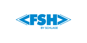 FISH logo with blue text and design, with 'BY SCHLAGE' underneath