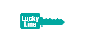 Logo for Lucky Line with text in white inside a teal rectangle, and a key icon below.