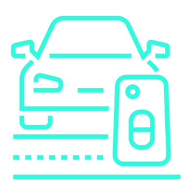 Outline of a car in turquoise with a car key next to it on a black background.
