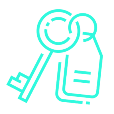 Outline of a key and a keychain with a tag, drawn in neon blue.