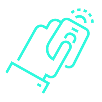 Neon outline of a hand holding a smartphone with a rising sun or signal icon above it.