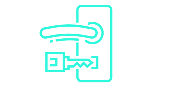 Neon sign of a door handle and a key entering a door lock.