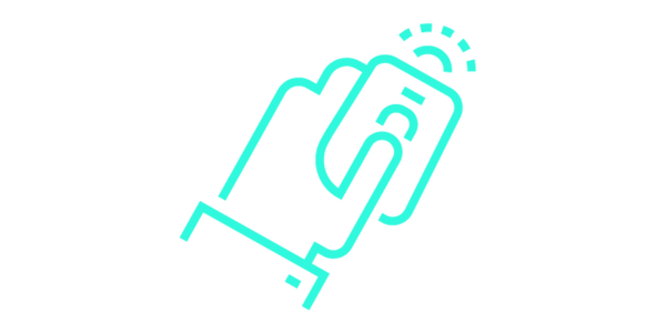 Line drawing of a hand using a smartphone with signal waves emanating from it.
