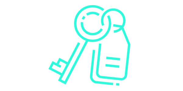Outline drawing of a key attached to a keychain with a tag, rendered in light blue on black background.