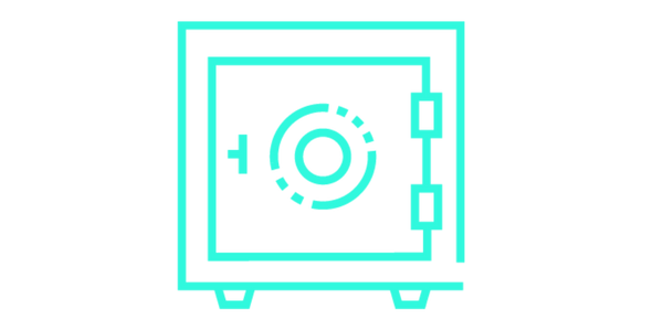 A digital illustration of a safe with a circular combination lock on the front, displayed in cyan against a black background.