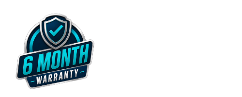 Logo for a six-month warranty with a shield icon and text.