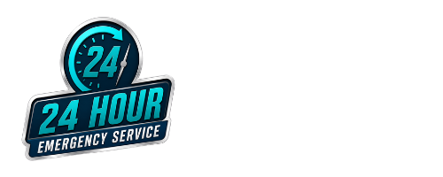 24 Hour Emergency Service logo with a clock and lightning bolt.