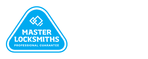 Logo of a master locksmith certification with text 'Master Locksmiths' and 'Trusted & Certified' inside a blue triangle, alongside the text 'Master Locksmith Accredited'.