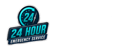 24-hour emergency service logo with text and clock icon