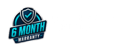 Six-month warranty badge with shield design and text