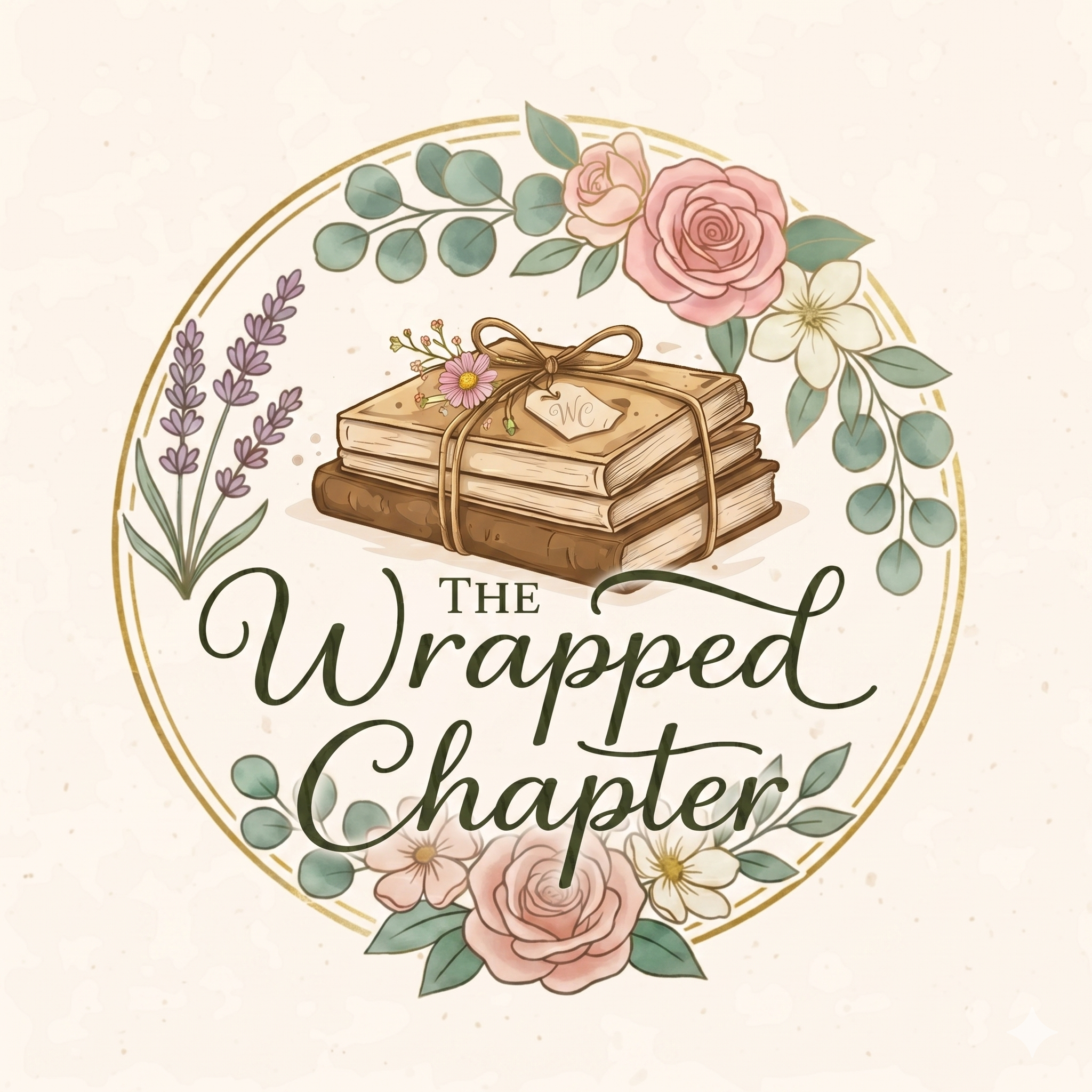 Illustration of a stack of wrapped parcels with floral decorations, surrounded by watercolor flowers and leaves, with the words 'The Wrapped' in elegant script.
