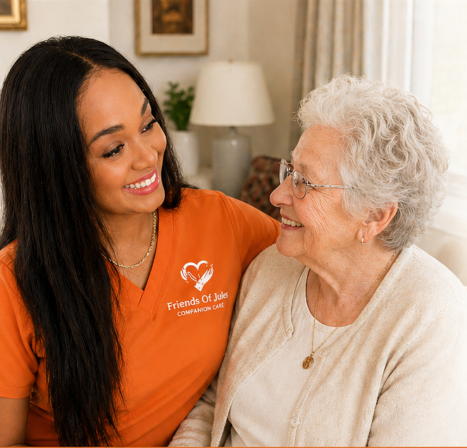 A young female caregiver and an elderly woman sharing a warm moment together, smiling at each other in a cozy, well-lit living room.