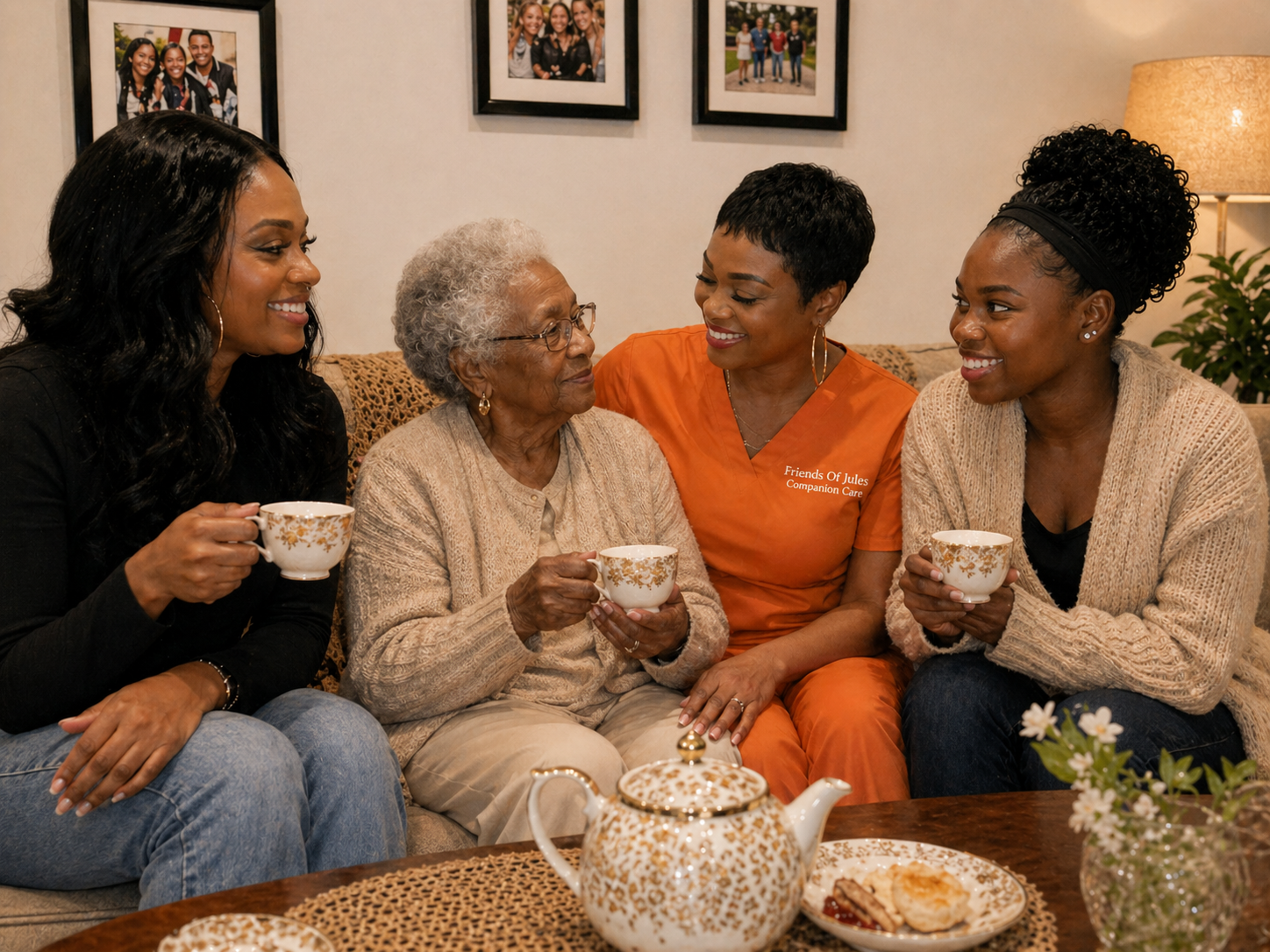 Four women sitting on a beige couch, smiling and talking while holding teacups, with a teapot and plates of food on the table in front of them, in a cozy living room with framed photos on the wall and a lamp in the background.