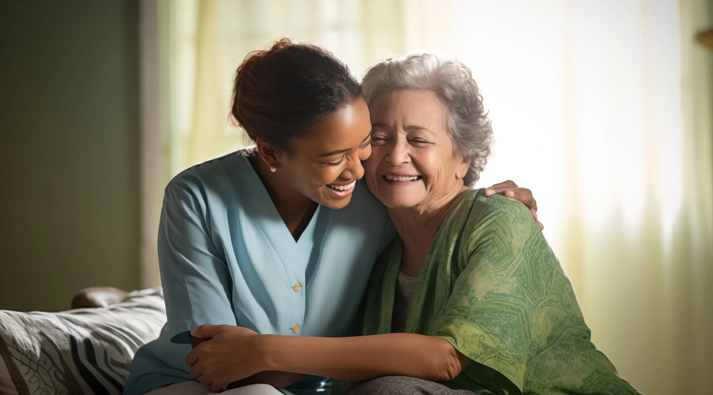 A young female nurse smiling and hugging an elderly woman with gray hair, who is also smiling, in a warmly lit room.