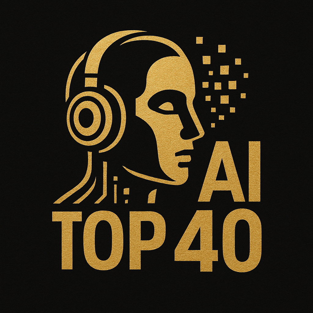 Gold illustration of a woman's face with headphones and digital pixels, alongside the text 'AI TOP 40' on a black background.