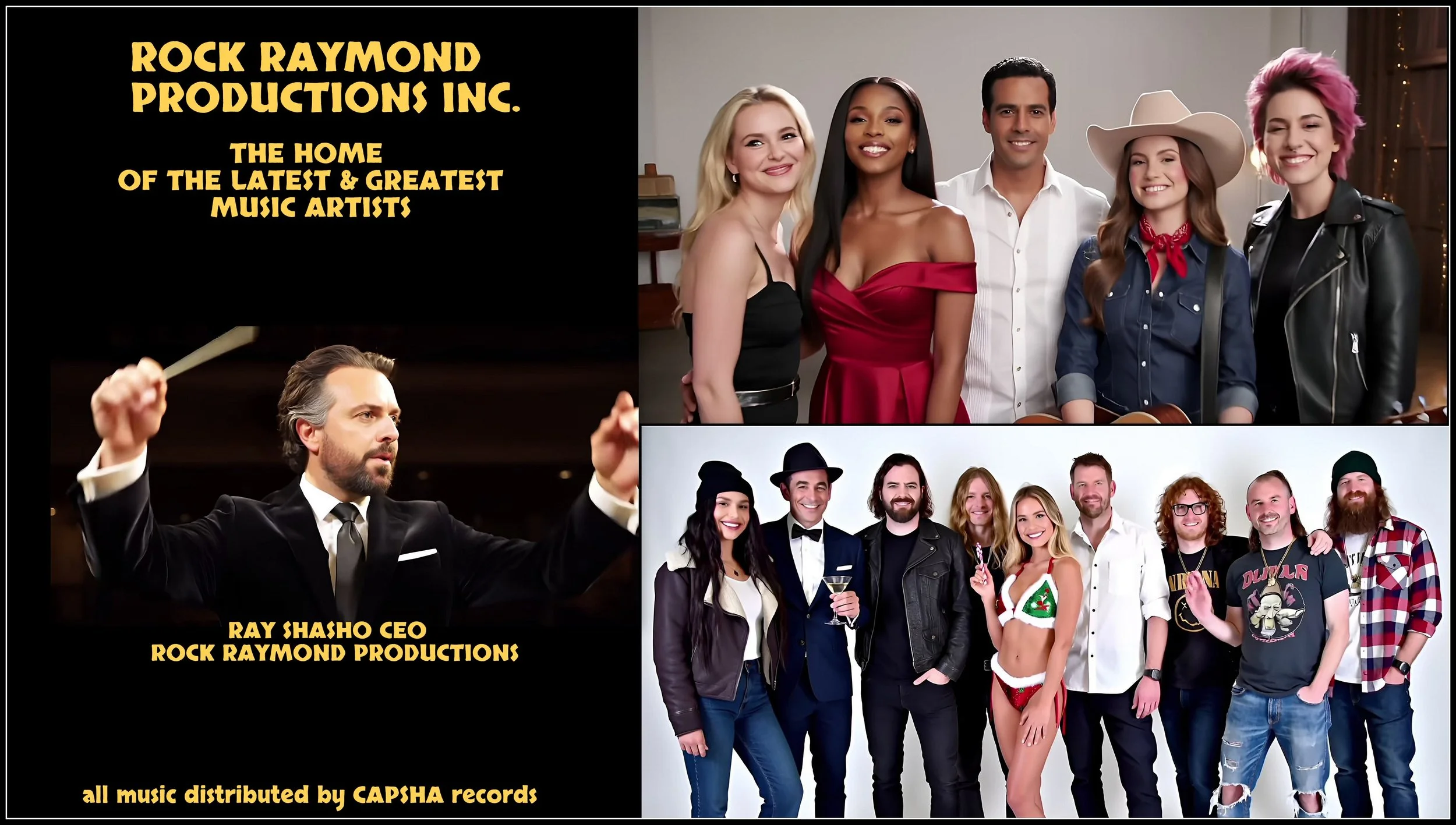 Promotional graphic for Rock Raymond Productions Inc. featuring a collage of group images and a conductor, with text highlighting that they distribute music from the latest and greatest music artists and that all music is distributed by CAPSHA records.