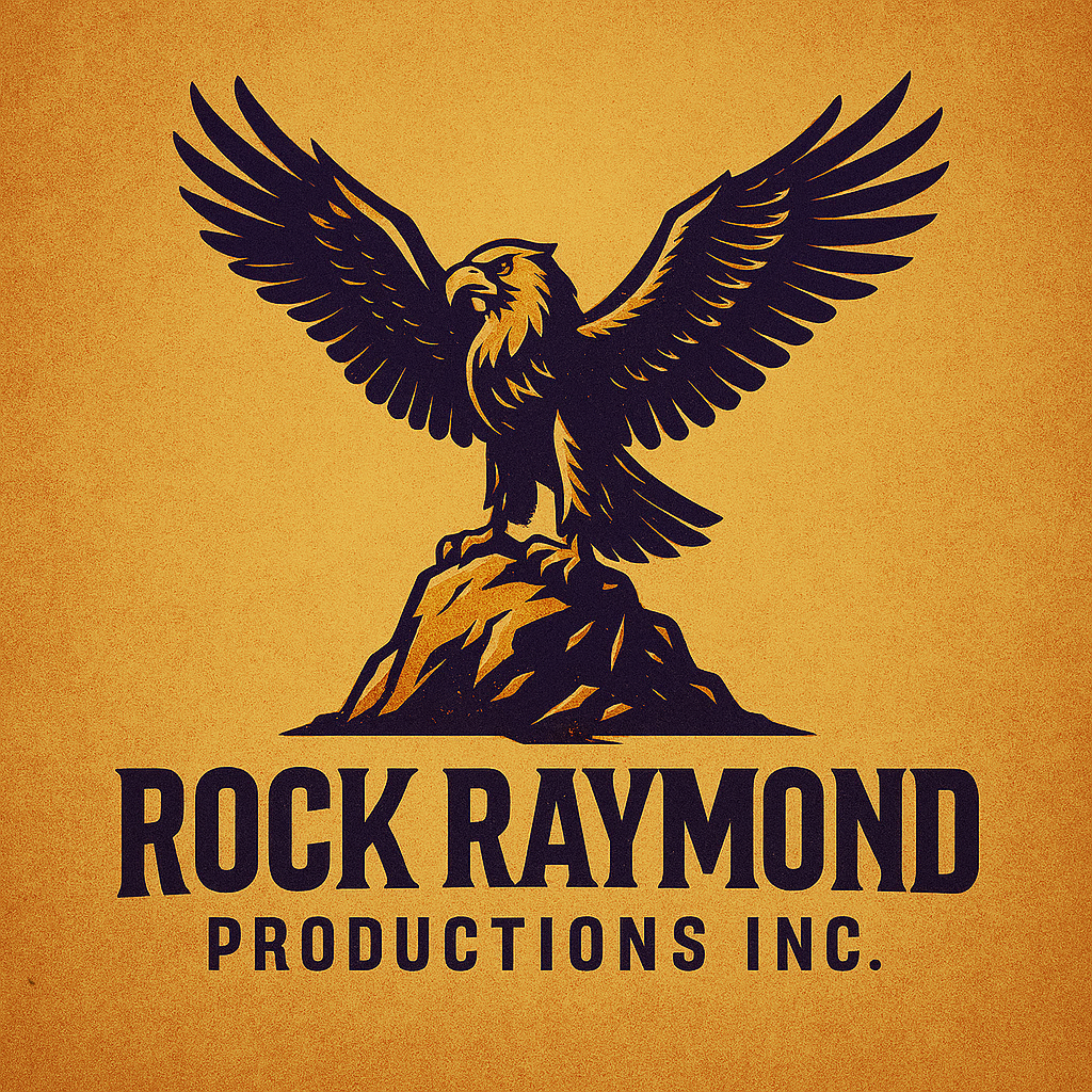 Logo of Rock Raymond Productions Inc. featuring an eagle with wings spread, perched on a rock.