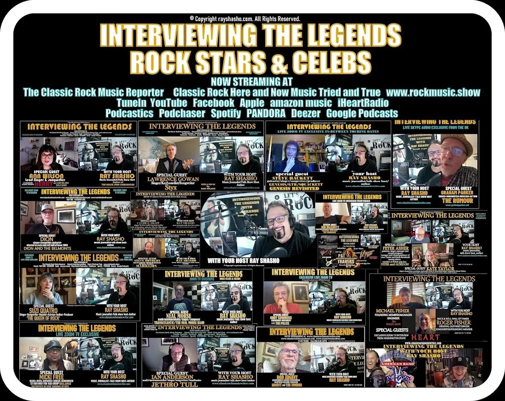 A promotional poster for a virtual interview series called 'Interviewing the Legends: Rock Stars & Celebrities,' featuring multiple screenshots of various guests and hosts on video calls. The poster highlights streaming platforms and includes guest names, titles, and contact information.