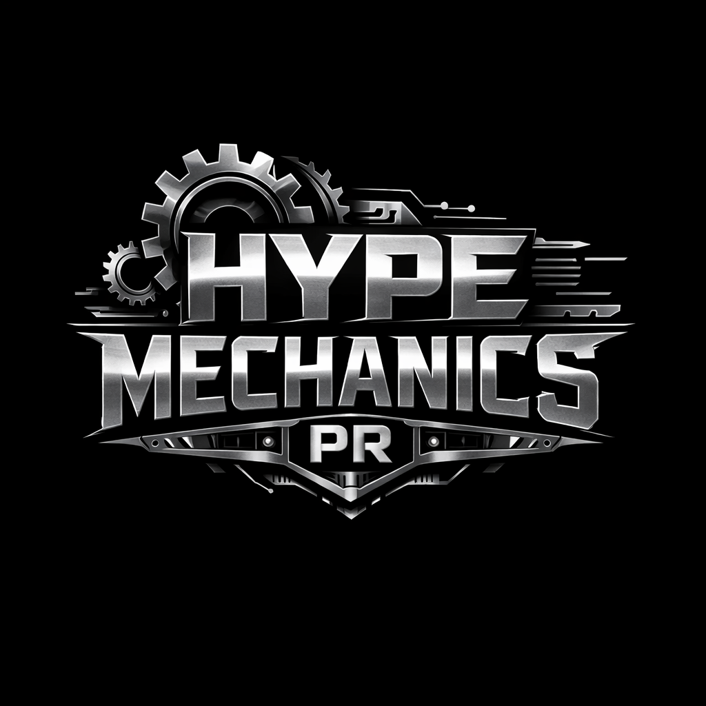 Logo for Hype Mechanics PR featuring metallic gear elements and a futuristic design on a black background.
