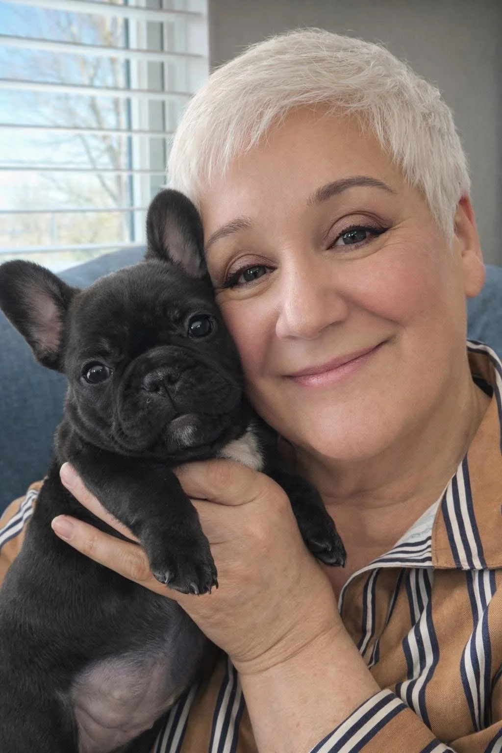 Older woman with short white hair holding a black French Bulldog puppy indoors.