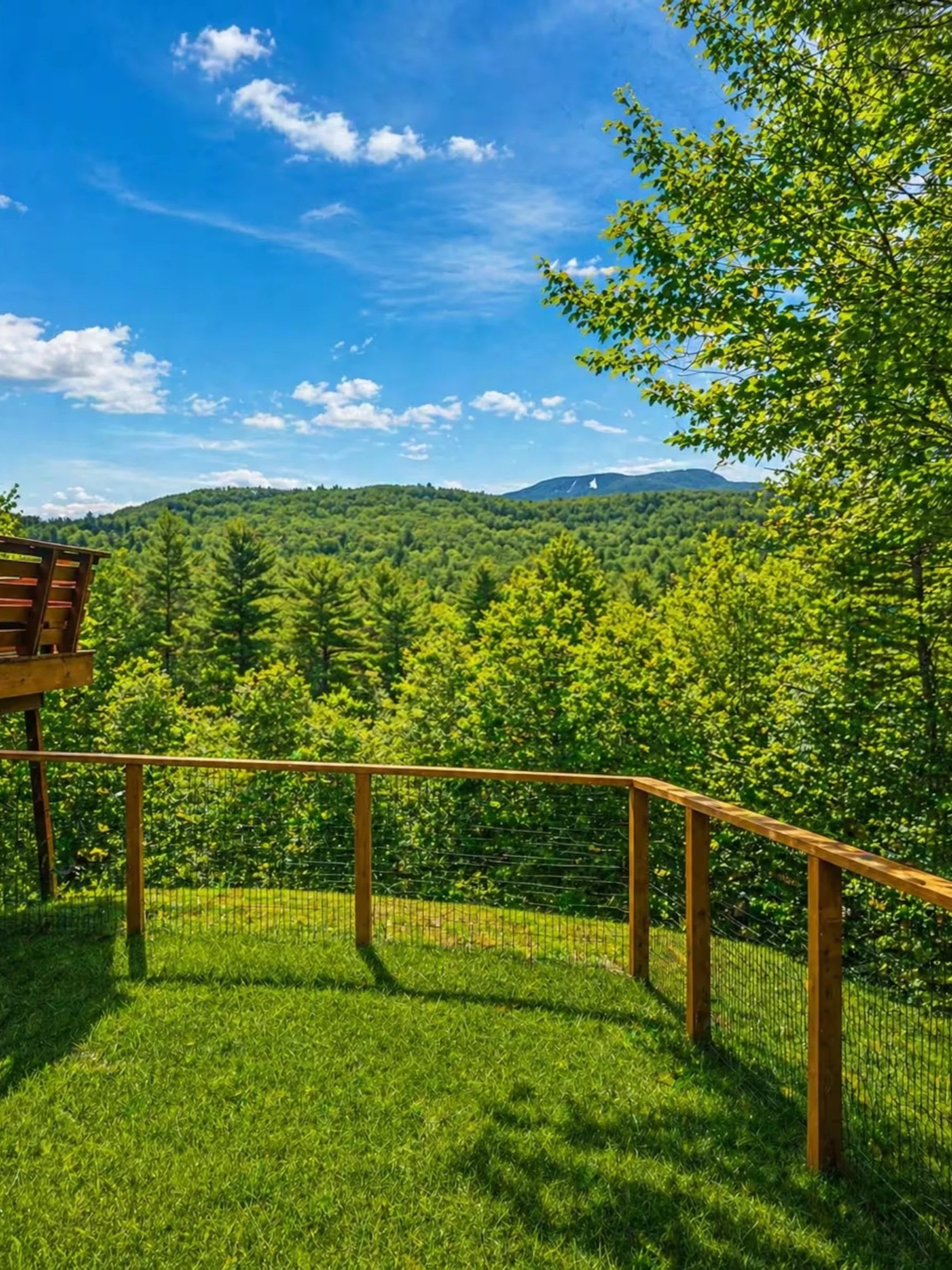 A lush green backyard with a wooden fence, trees, and a view of rolling hills and mountains under a bright blue sky with scattered clouds.
