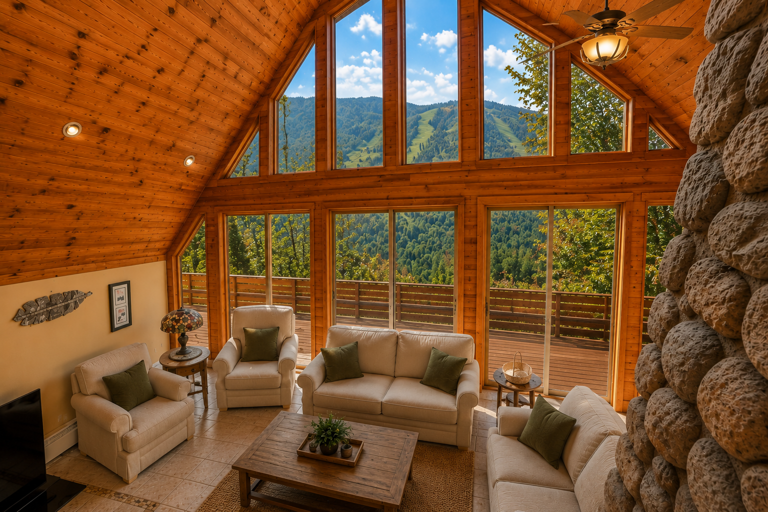 Great Room at Five Star Lodge featuring floor-to-ceiling windows, a two-story stone fireplace, and panoramic Adirondack Mountain views near Gore Mountain in North Creek, NY.