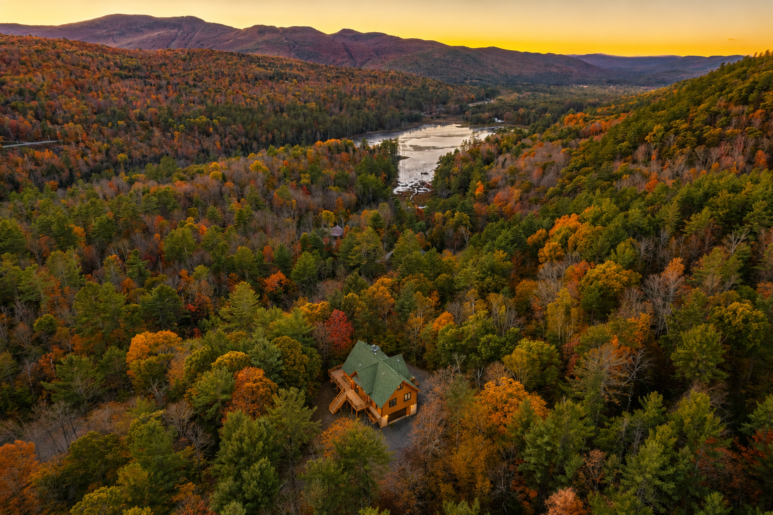 Aerial view of the 5 Star Lodge surrounded by colorful autumn trees with a gravel driveway leading to the house.