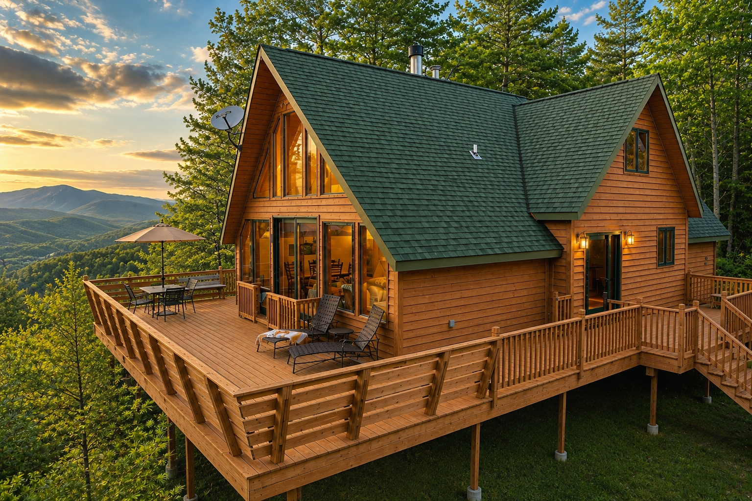 Five Star Lodge, a luxury Adirondack vacation rental in North Creek, New York, featuring a spacious wraparound deck, mountain views, and easy access to Gore Mountain for year-round family getaways.