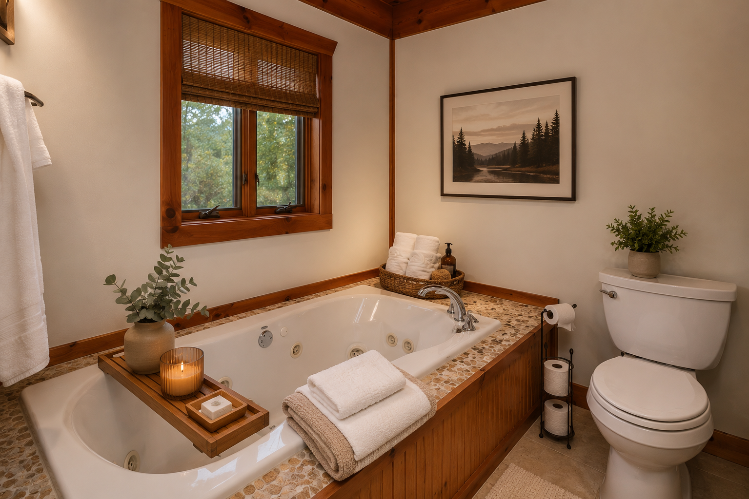 Private ensuite bathroom in the primary suite at Five Star Lodge with a jetted soaking tub, granite vanity, and luxury accommodations in the Adirondack Mountains near Gore Mountain.