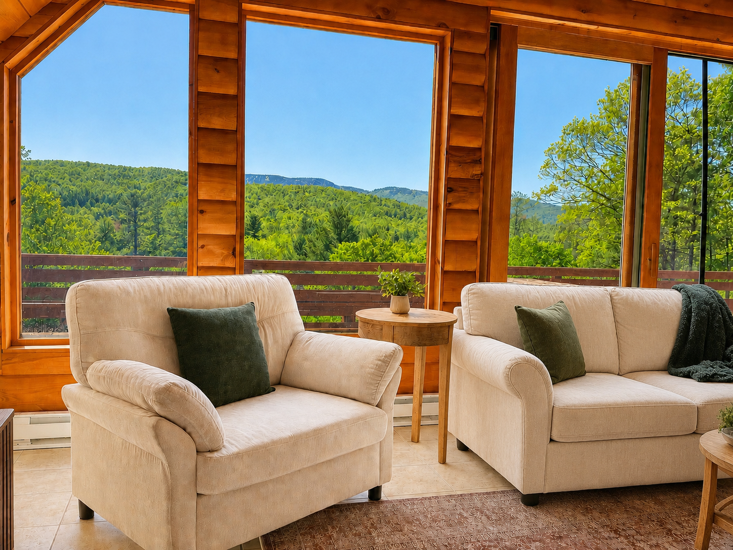 Relax in the Great Room at Five Star Lodge with panoramic Gore Mountain views, floor-to-ceiling windows, and comfortable seating in a luxury Adirondack vacation rental near North Creek, NY.