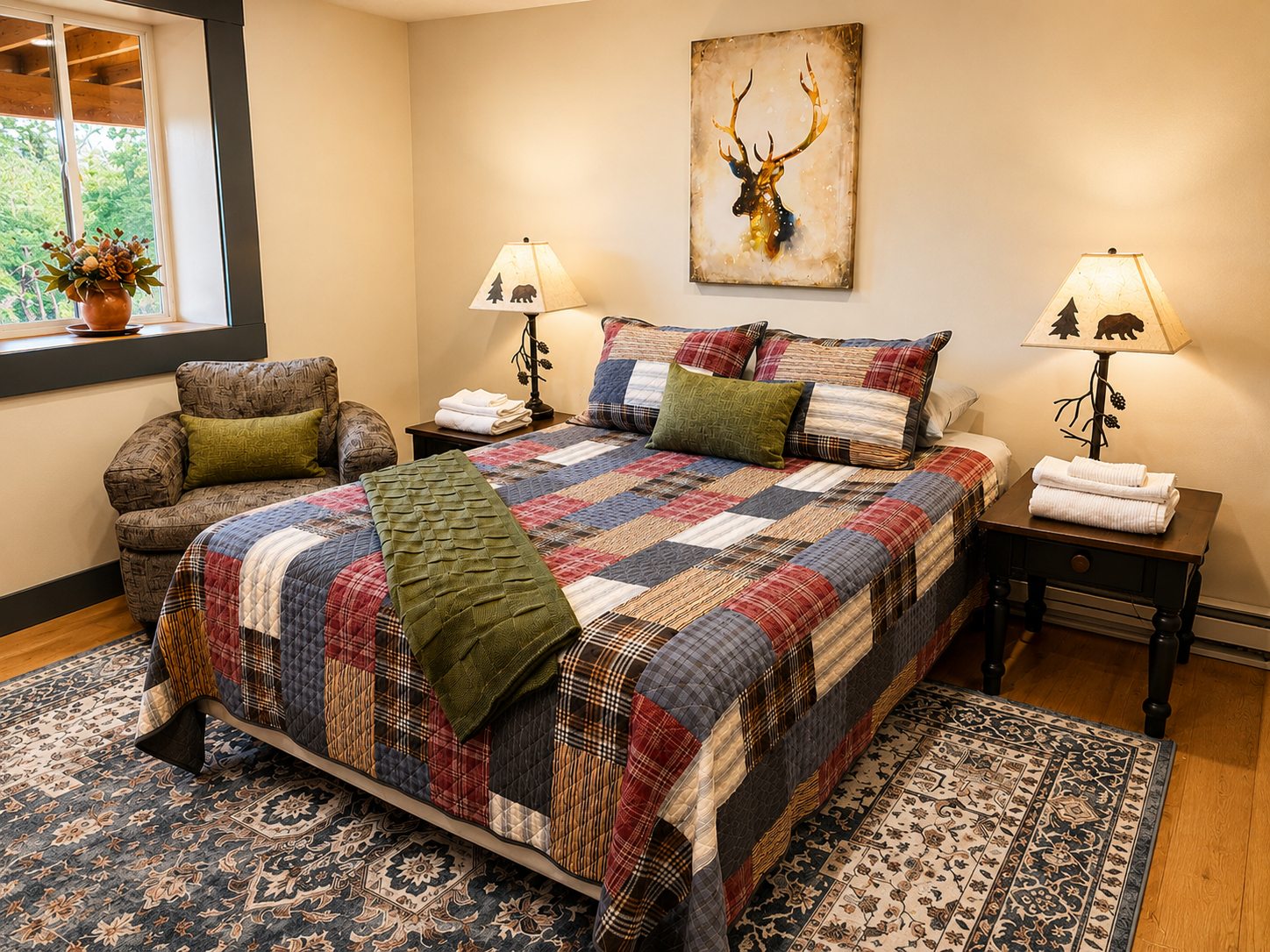 Inviting guest bedroom at Five Star Lodge featuring a comfortable queen bed, cozy reading chair, and warm Adirondack décor in a luxury vacation rental near Gore Mountain in North Creek, NY.