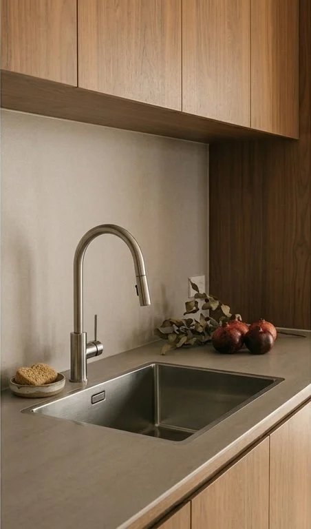 Mount Maunganui Kitchen countertop with a modern stainless steel sink, a chrome faucet.