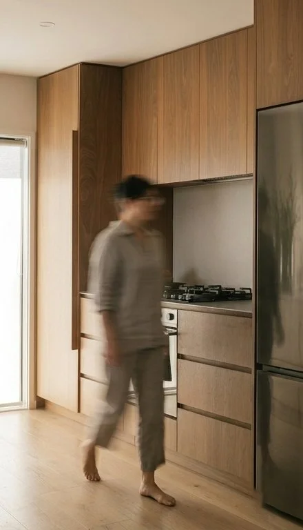 A person walking in a modern Mount Maunganui kitchen with wooden cabinets and stainless steel appliances.