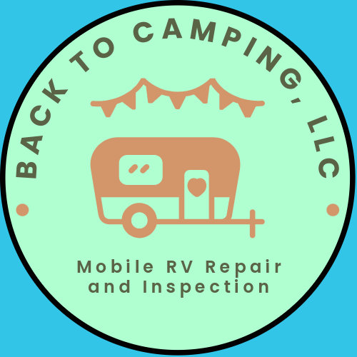 Logo for Back to Camping, LLC featuring an illustration of a camper trailer with mountains in the background, and text that says "Mobile RV Repair and Inspection."