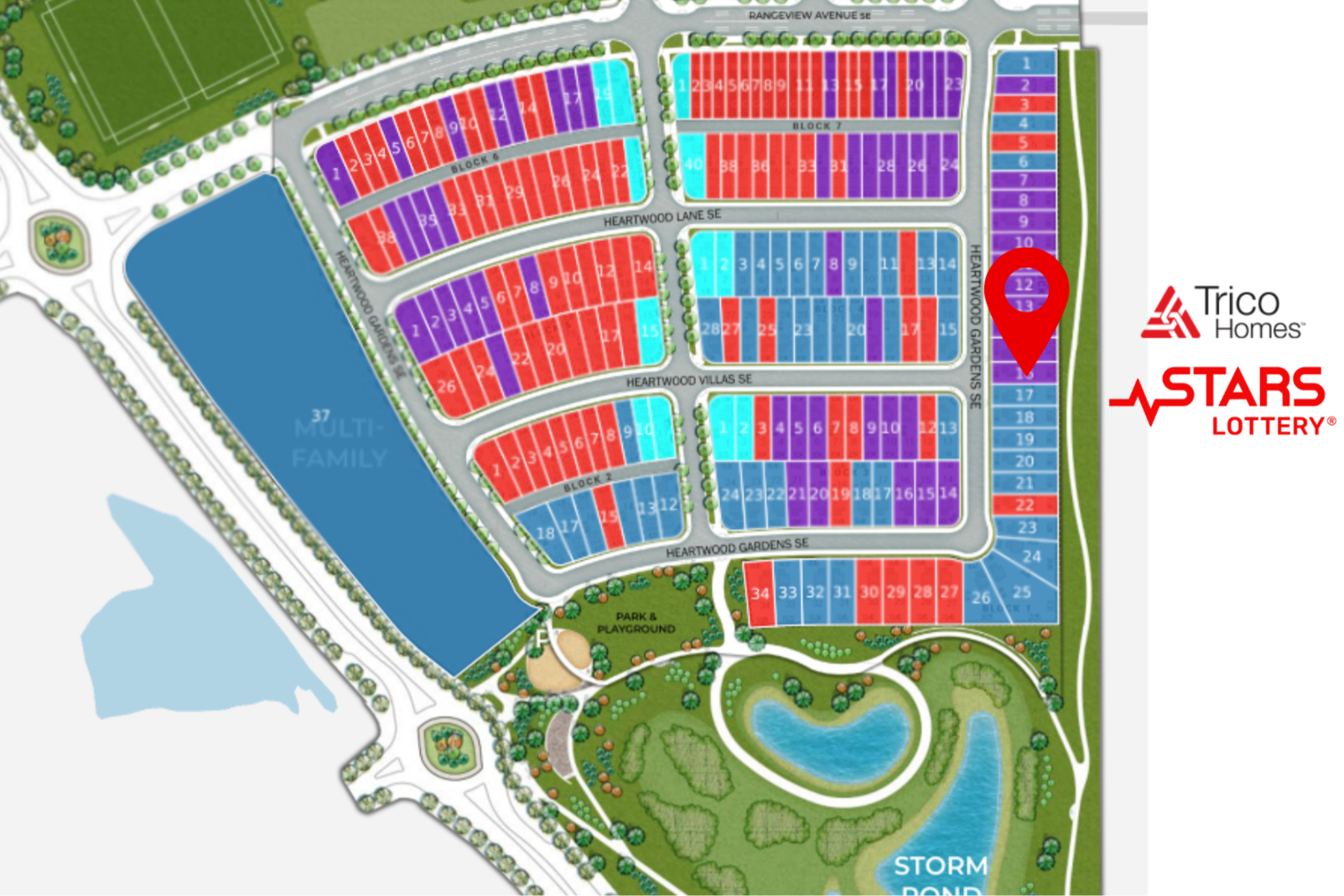 A detailed site map of a residential community showing multiple housing blocks, lakes, a park and playground, and surrounding roads. The map includes color-coded plots, labeled roads, and a red location marker on a specific lot.
